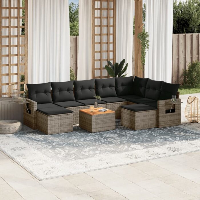 Salon de jardin avec coussins 10 pcs gris résine tressée – Image 1