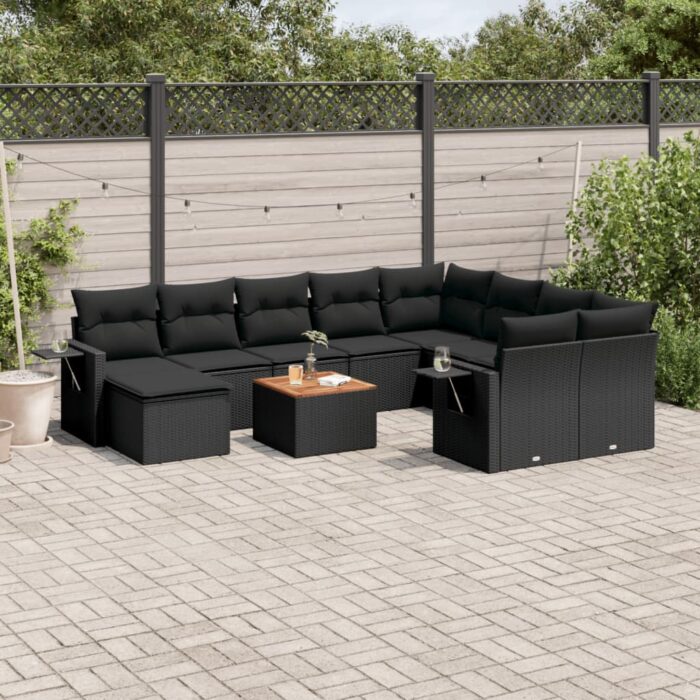 Salon de jardin 11 pcs avec coussins noir résine tressée – Image 1