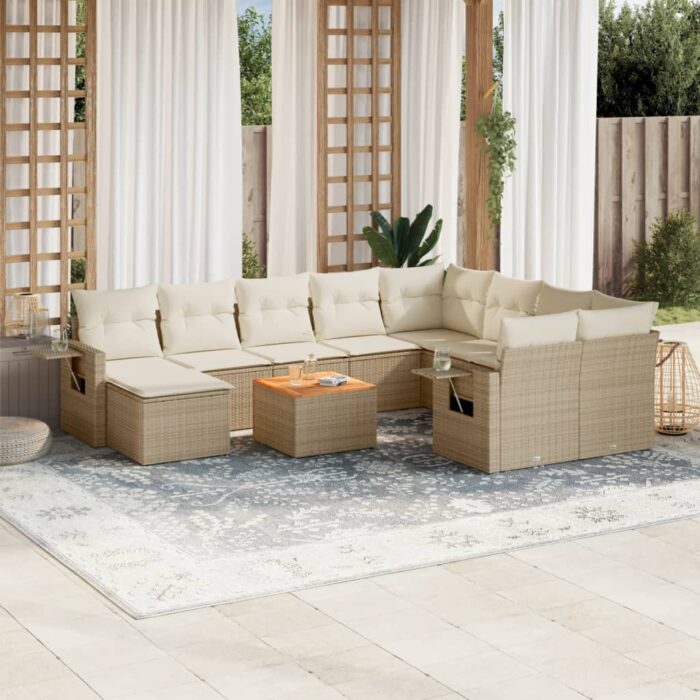Salon de jardin 11 pcs avec coussins beige résine tressée – Image 1