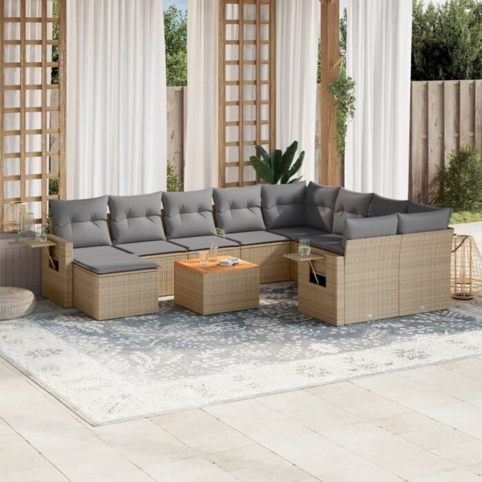 Salon de jardin 11 pcs avec coussins beige résine tressée – Image 1