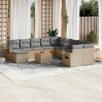 Salon de jardin avec coussins 12 pcs beige résine tressée