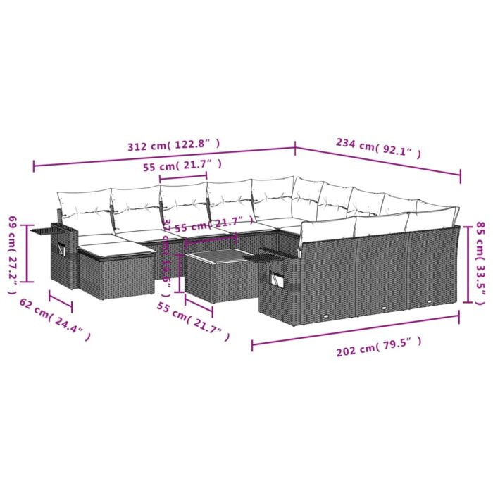 Salon de jardin avec coussins 13 pcs noir résine tressée – Image 8
