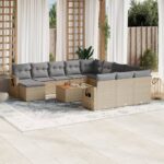 Salon de jardin avec coussins 13 pcs beige résine tressée