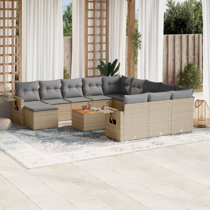 Salon de jardin avec coussins 13 pcs beige résine tressée – Image 1