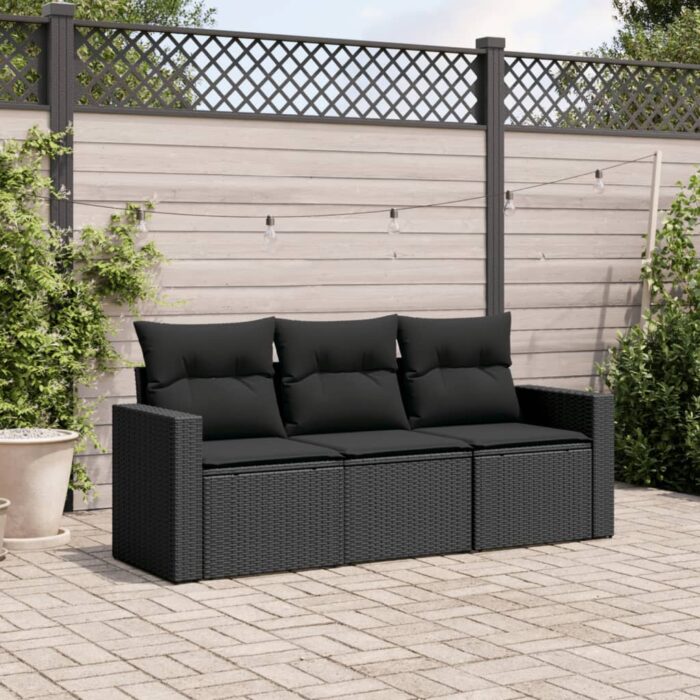 Salon de jardin 3 pcs avec coussins noir résine tressée – Image 1