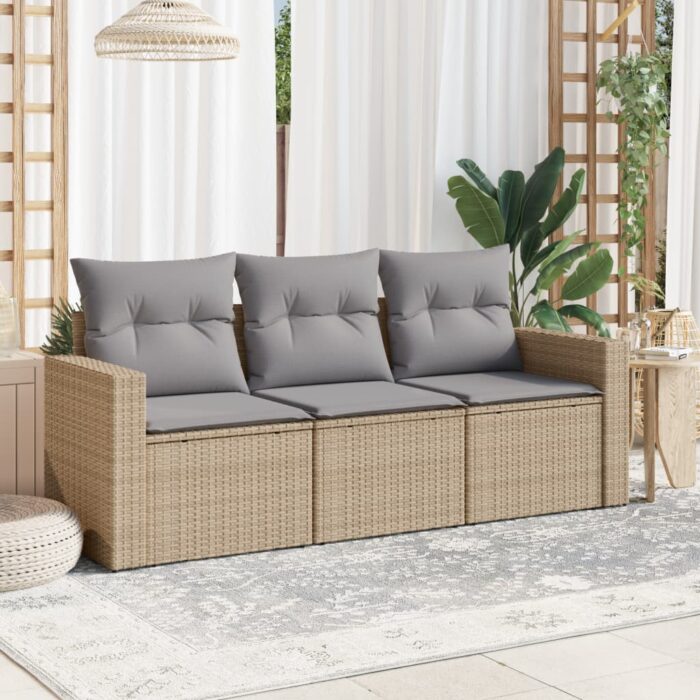 Salon de jardin avec coussins 3 pcs beige résine tressée – Image 1