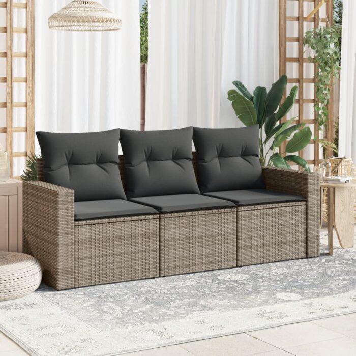 Salon de jardin avec coussins 3 pcs gris résine tressée – Image 1