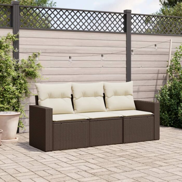 Salon de jardin avec coussins 3 pcs marron résine tressée – Image 1