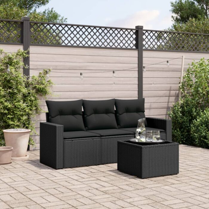 Salon de jardin 4 pcs avec coussins noir résine tressée – Image 1
