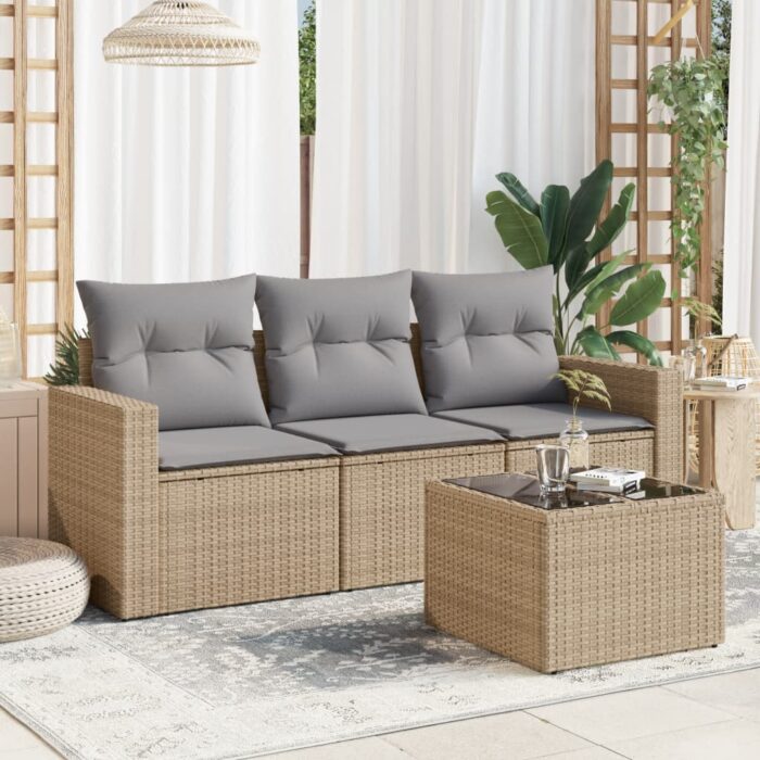 Salon de jardin avec coussins 4 pcs beige résine tressée – Image 1