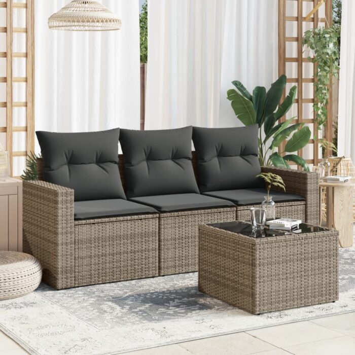 Salon de jardin 4 pcs avec coussins gris résine tressée – Image 1
