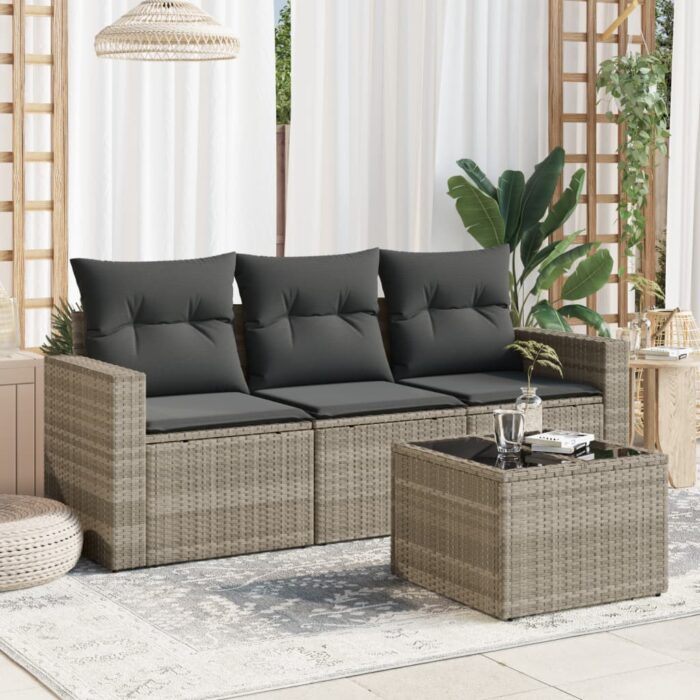 Salon de jardin 4 pcs avec coussins gris clair résine tressée – Image 1