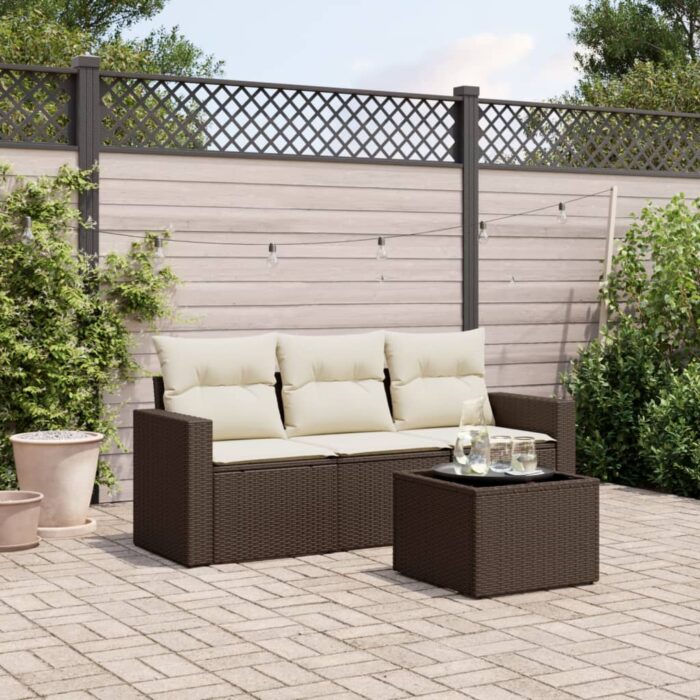 Salon de jardin 4 pcs avec coussins marron résine tressée – Image 1