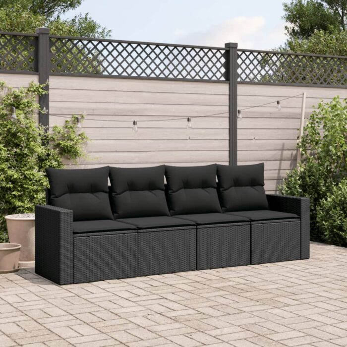 Salon de jardin 4 pcs avec coussins noir résine tressée – Image 1
