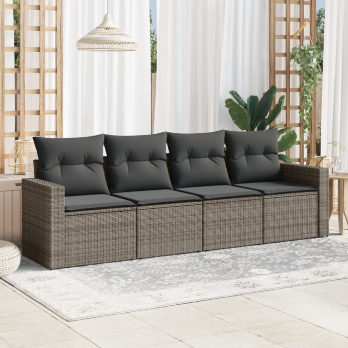 Salon de jardin 4 pcs avec coussins gris résine tressée – Image 1