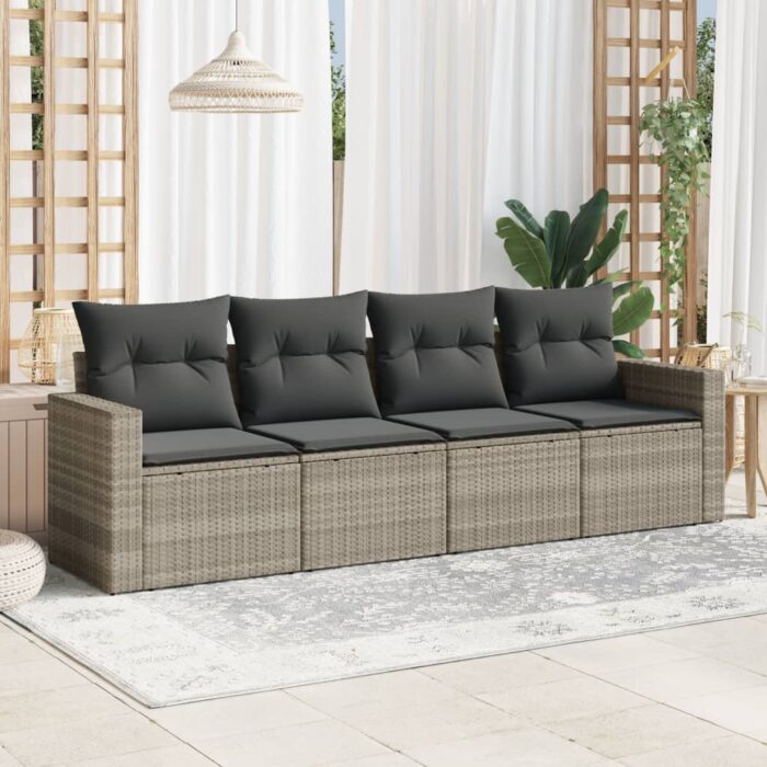 Salon de jardin 4 pcs avec coussins gris clair résine tressée – Image 1