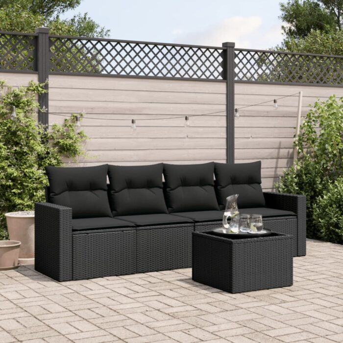 Salon de jardin 5 pcs avec coussins noir résine tressée – Image 1