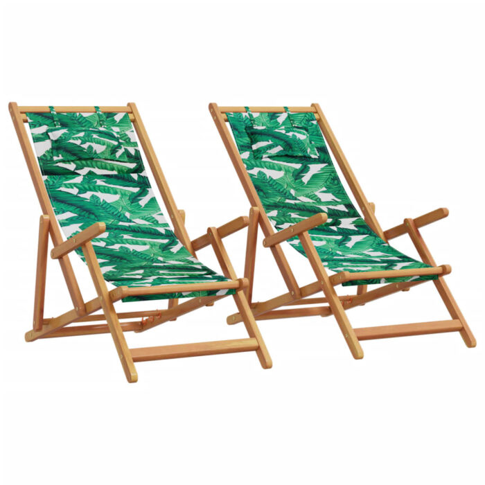 Chaises de plage pliantes lot de 2 tissu et bois massif – Image 1