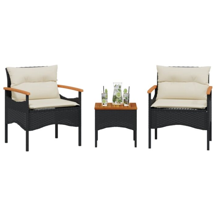 Salon de jardin 3 pcs avec coussins noir résine tressée – Image 1