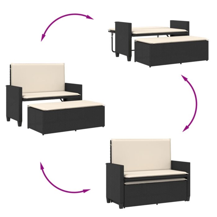 Banc de jardin avec coussins et repose-pied noir résine tressée – Image 6