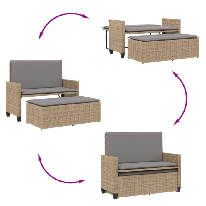 Banc de jardin et coussins et repose-pied beige résine tressée – Image 6