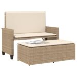 Banc de jardin et coussins et repose-pied beige résine tressée – Image 2