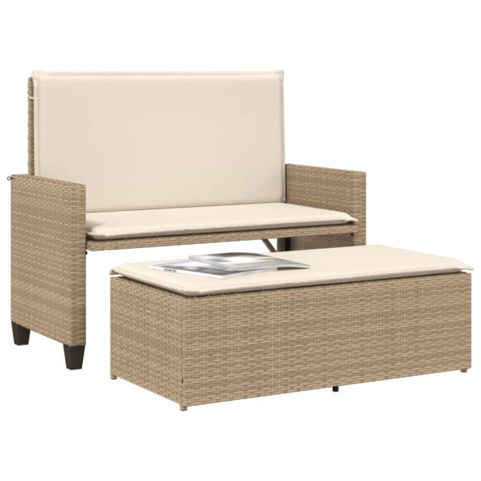 Banc de jardin et coussins et repose-pied beige résine tressée – Image 2