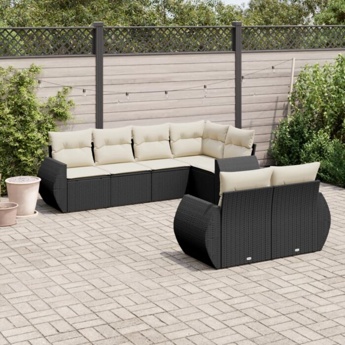 Salon de jardin 7 pcs avec coussins noir résine tressée – Image 1