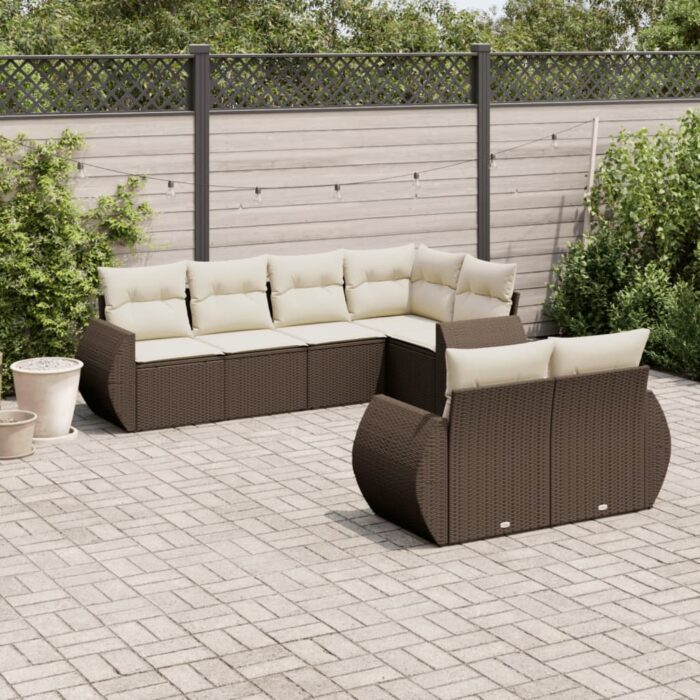 Salon de jardin avec coussins 7 pcs marron résine tressée – Image 1