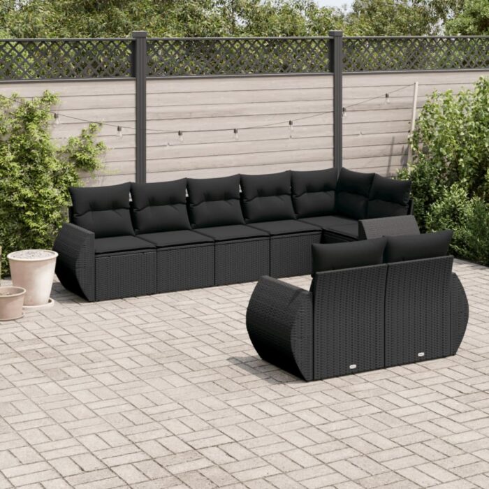 Salon de jardin 8 pcs avec coussins noir résine tressée – Image 1