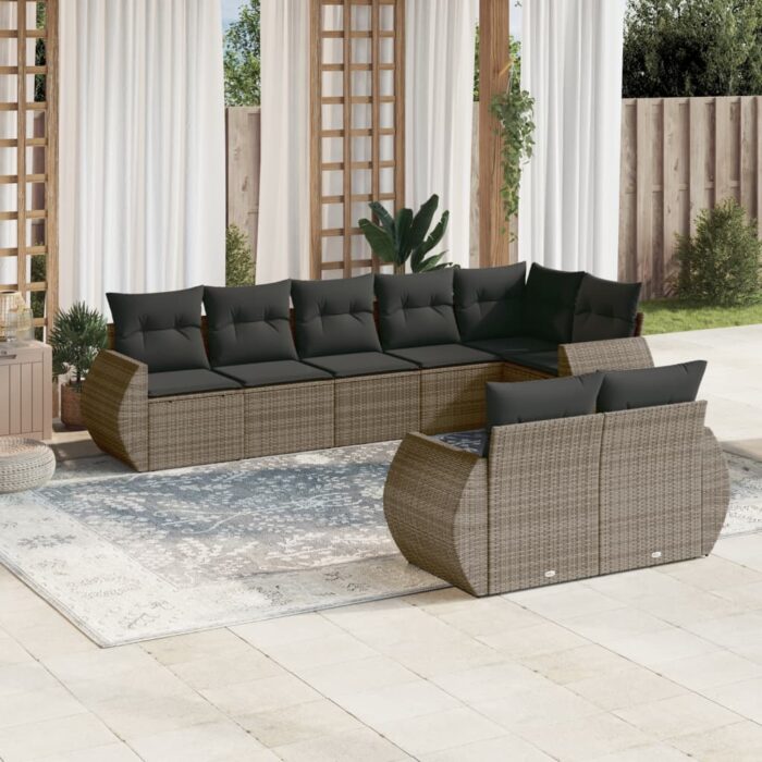 Salon de jardin 8 pcs avec coussins gris résine tressée – Image 1