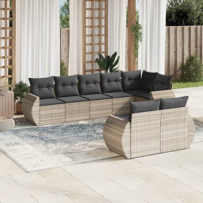 Salon de jardin 8 pcs avec coussins gris clair résine tressée – Image 1