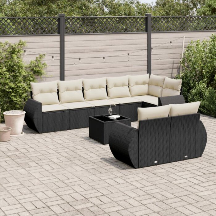Salon de jardin 9 pcs avec coussins noir résine tressée – Image 1