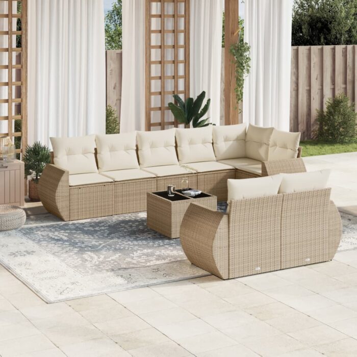 Salon de jardin avec coussins 9 pcs beige résine tressée – Image 1