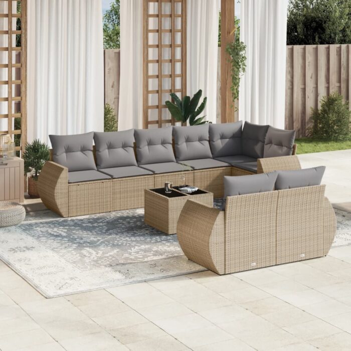 Salon de jardin avec coussins 9 pcs beige résine tressée – Image 1