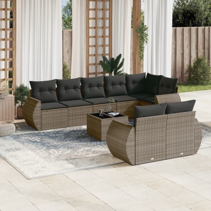 Salon de jardin 9 pcs avec coussins gris résine tressée – Image 1