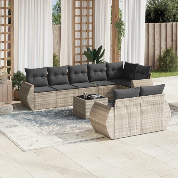 Salon de jardin 9 pcs avec coussins gris clair résine tressée – Image 1