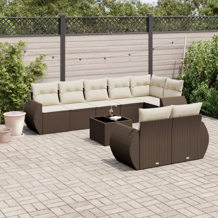 Salon de jardin avec coussins 9 pcs marron résine tressée – Image 1