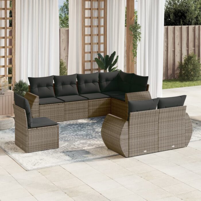 Salon de jardin 8 pcs avec coussins gris résine tressée – Image 1