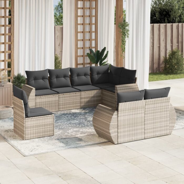 Salon de jardin 8 pcs avec coussins gris clair résine tressée – Image 1