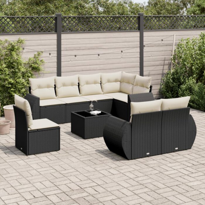 Salon de jardin 9 pcs avec coussins noir résine tressée – Image 1