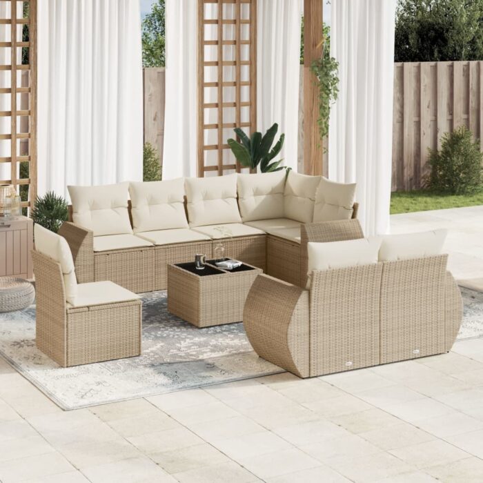 Salon de jardin avec coussins 9 pcs beige résine tressée – Image 1