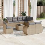 Salon de jardin avec coussins 9 pcs beige résine tressée