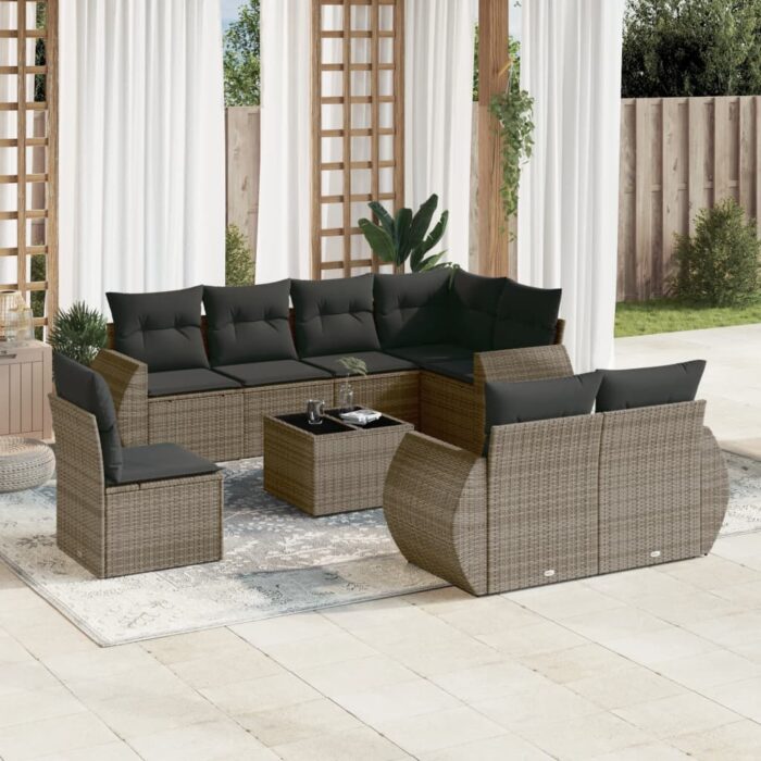 Salon de jardin 9 pcs avec coussins gris résine tressée – Image 1