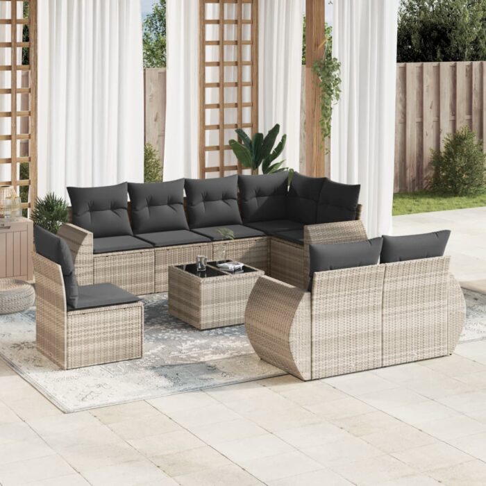 Salon de jardin 9 pcs avec coussins gris clair résine tressée – Image 1