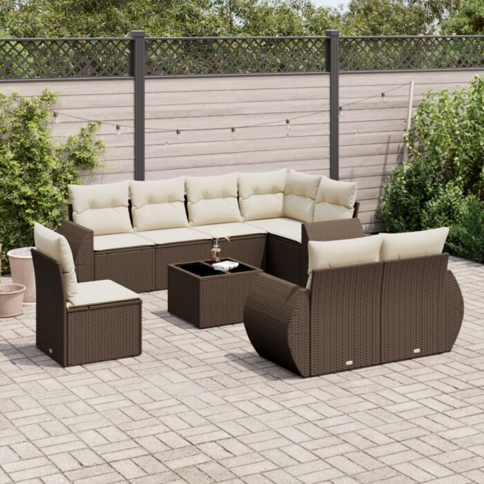Salon de jardin avec coussins 9 pcs marron résine tressée – Image 1