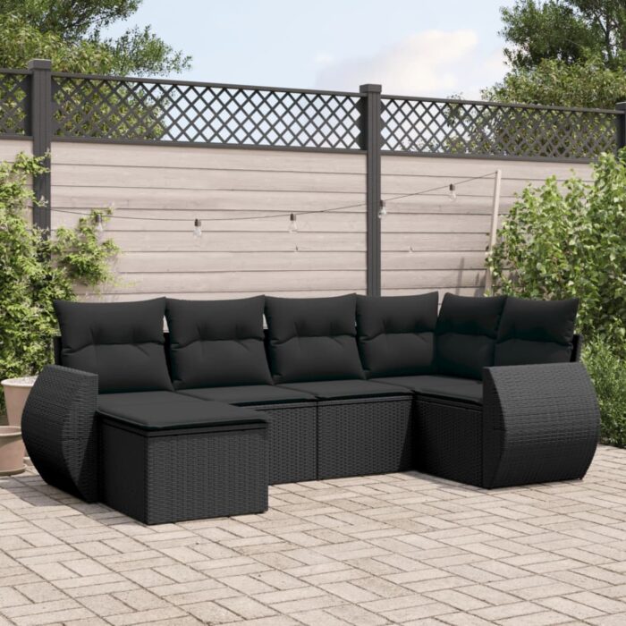 Salon de jardin 6 pcs avec coussins noir résine tressée – Image 1