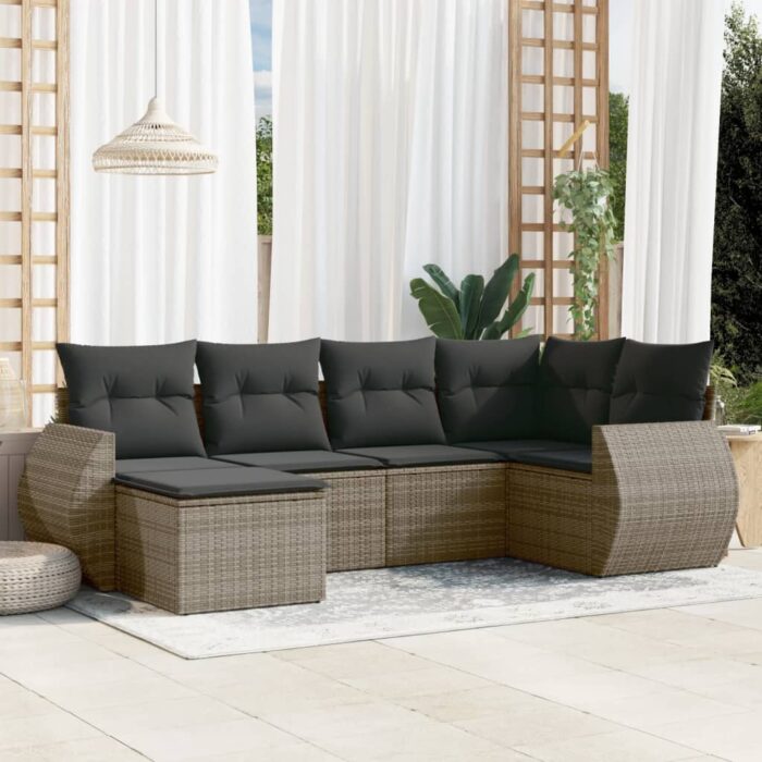 Salon de jardin 6 pcs avec coussins gris résine tressée – Image 1