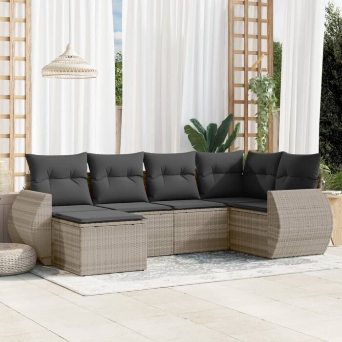 Salon de jardin 6 pcs avec coussins gris clair résine tressée – Image 1