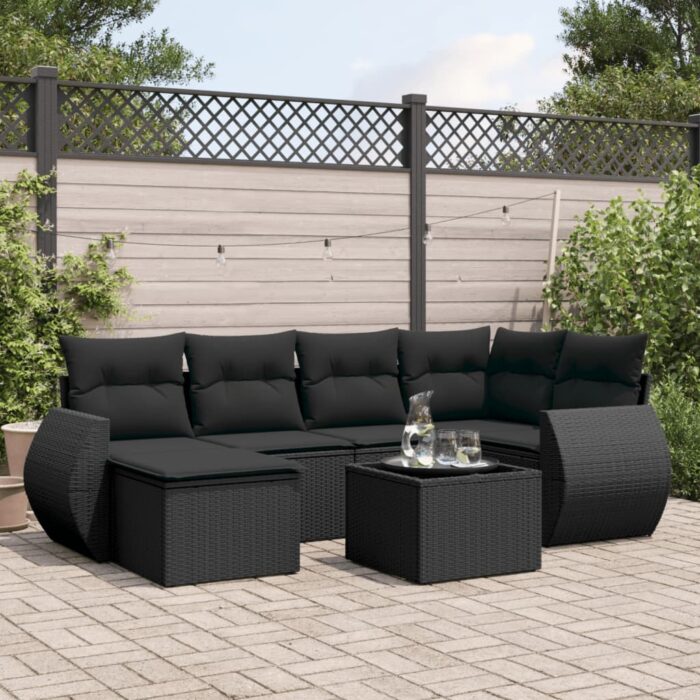 Salon de jardin 7 pcs avec coussins noir résine tressée – Image 1